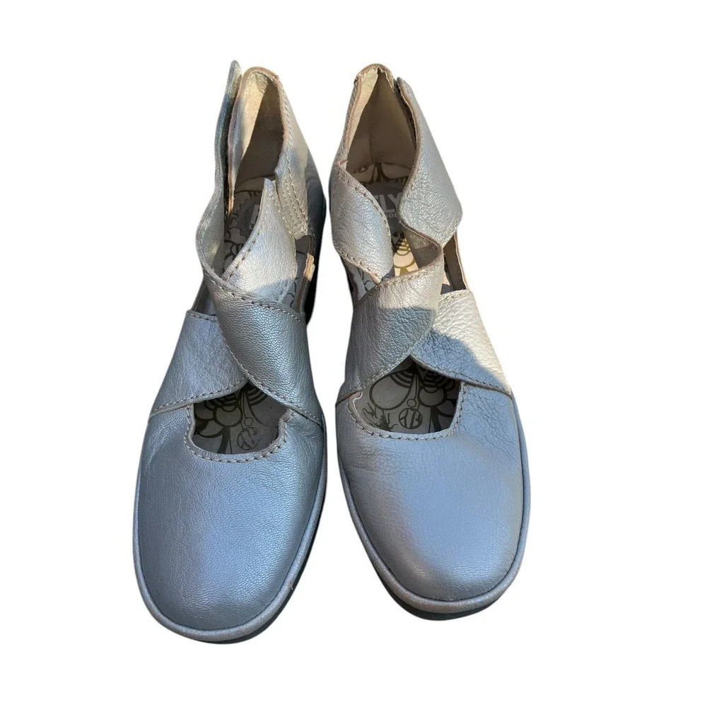 Fly London Yogo Crossover Leather Shoes Wedge Lagenlook Boho Silver, Size 41‎